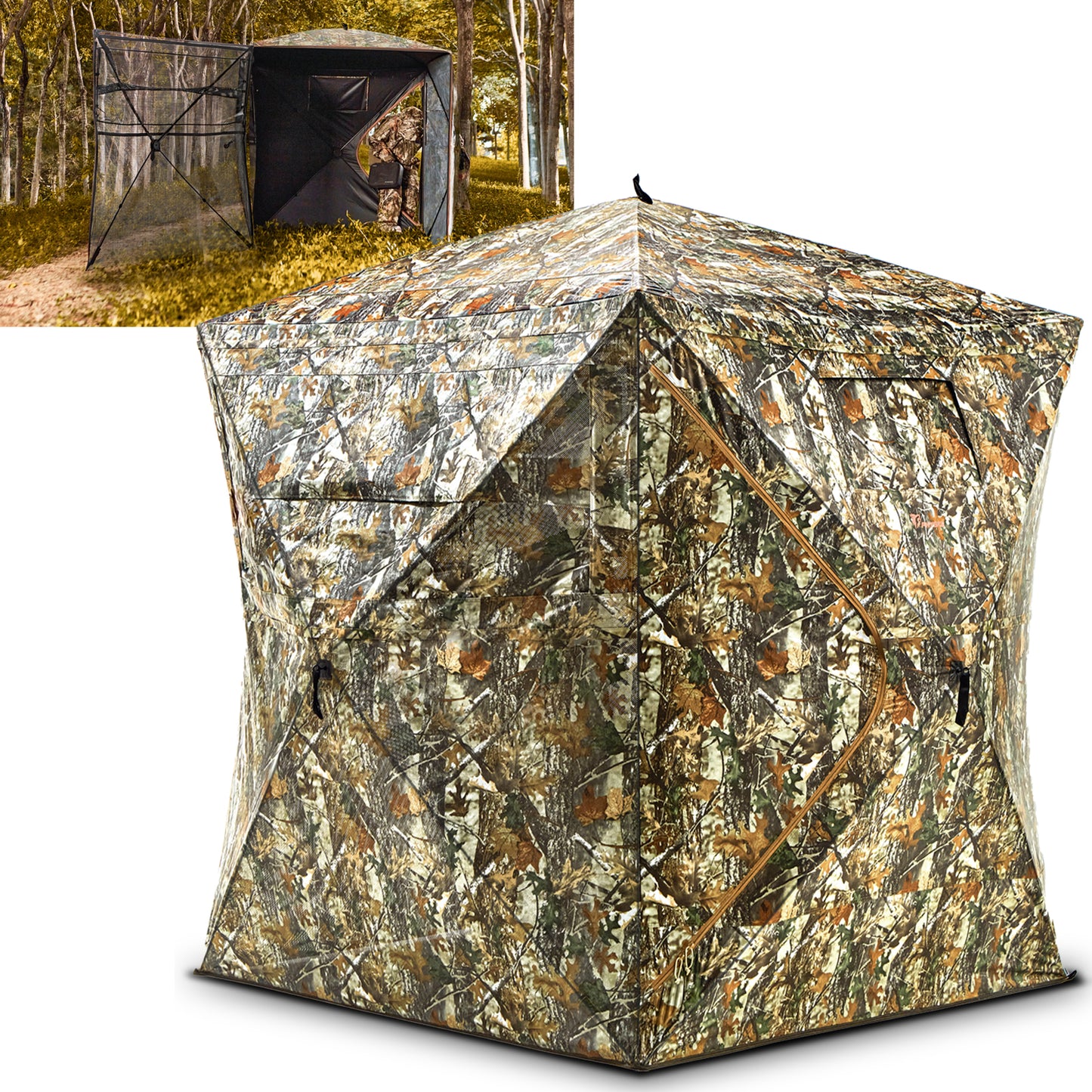 PHYSKE Hunting Blind with Double Doors, Ground Blind See Through, Portable 3-4 Person, 270 Degree Pop-up Hunting Blind, Camouflage Hunting Blind for Deer & Turkey Hunting(Large)