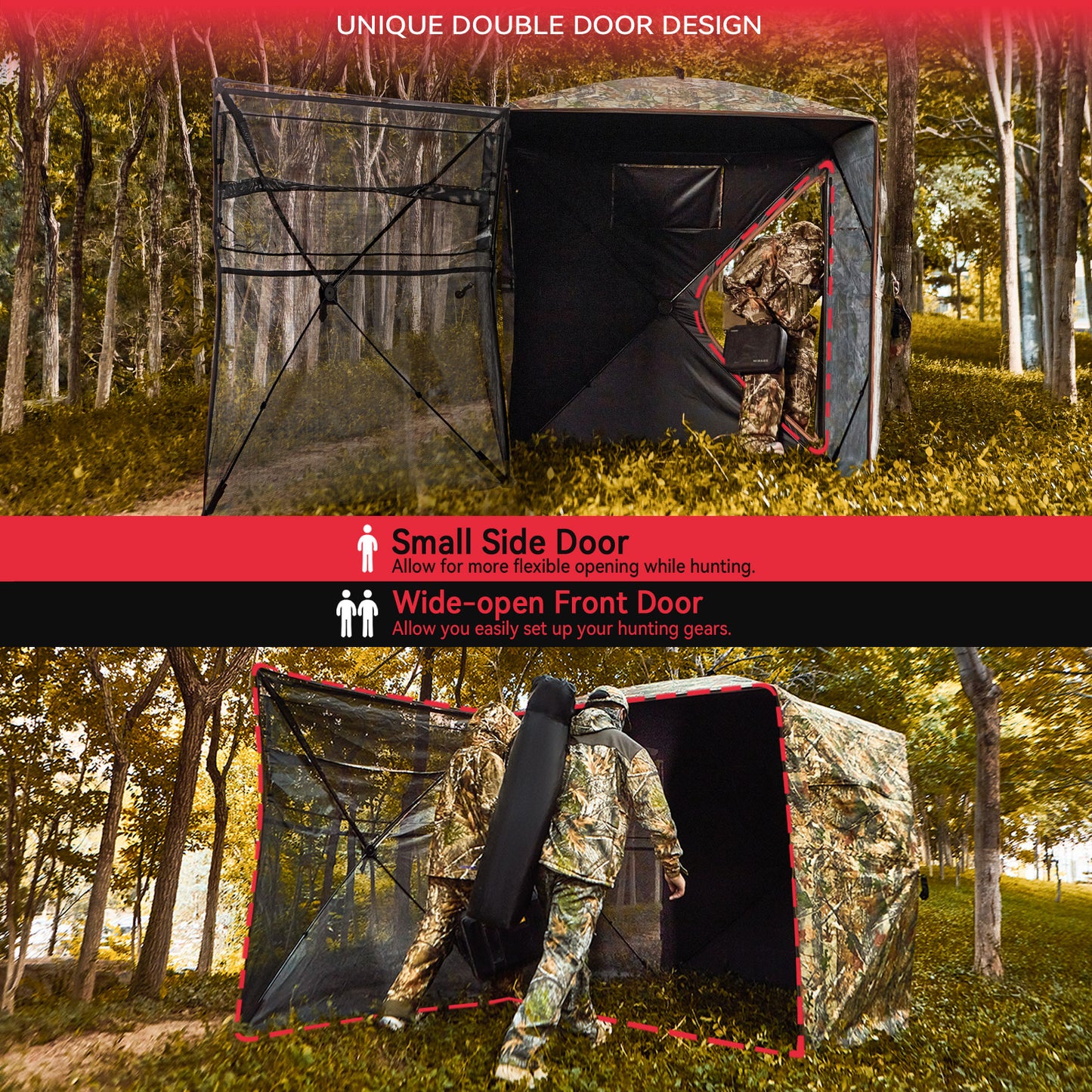 PHYSKE Hunting Blind with Double Doors, Ground Blind See Through, Portable 3-4 Person, 270 Degree Pop-up Hunting Blind, Camouflage Hunting Blind for Deer & Turkey Hunting(Large)