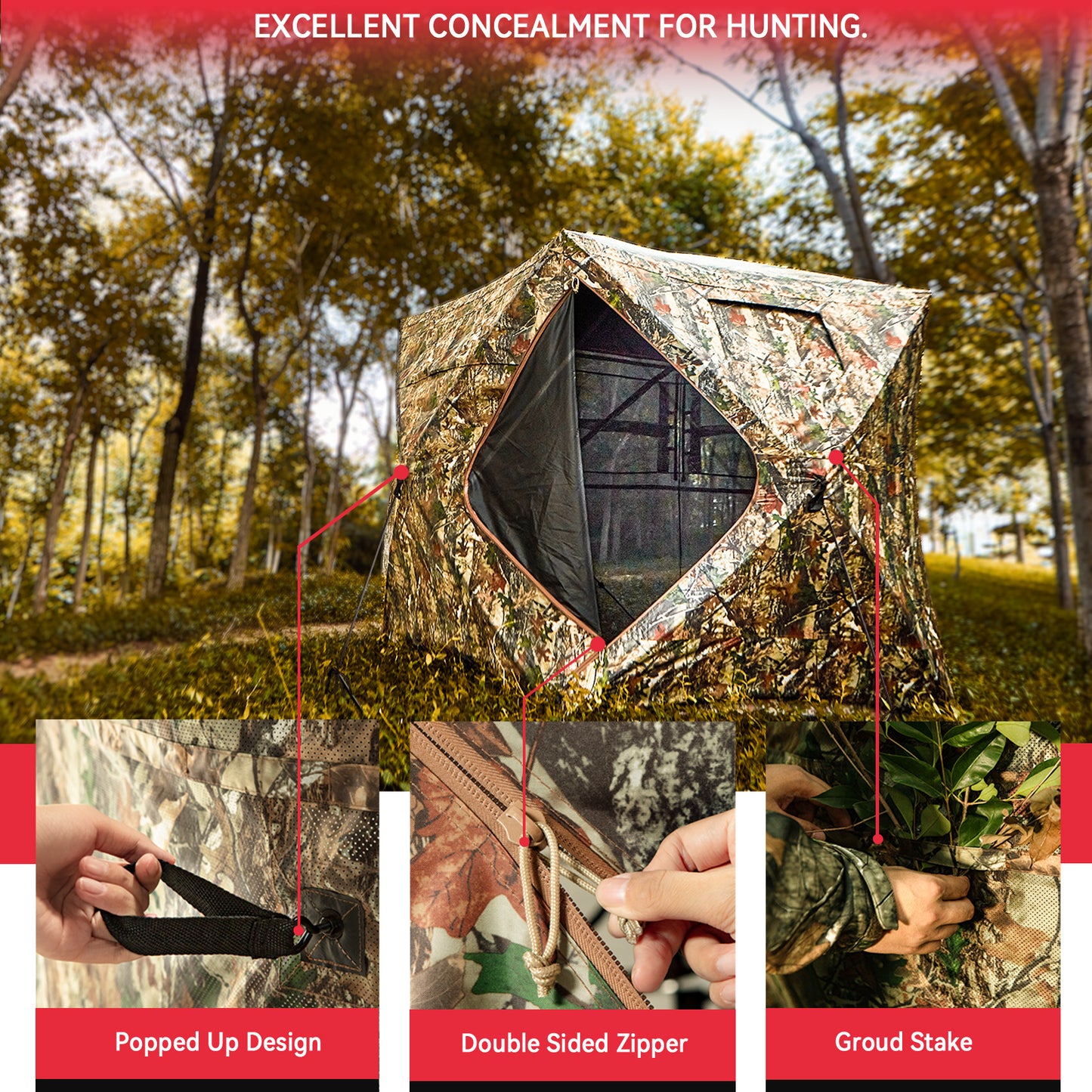 PHYSKE Hunting Blind with Double Doors, Ground Blind See Through, Portable 3-4 Person, 270 Degree Pop-up Hunting Blind, Camouflage Hunting Blind for Deer & Turkey Hunting(Large)