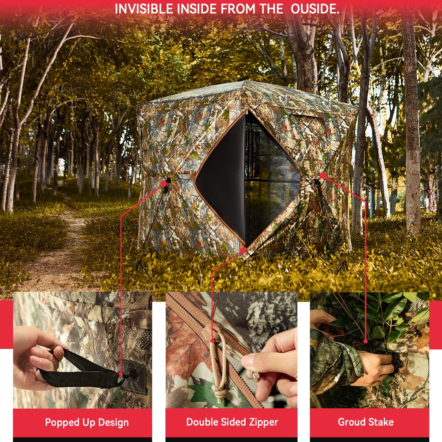 PHYSKE Hunting Blind with Double Doors, Ground Blind See Through with Wear-Resistant Surface, Portable 2-3 Person, 270 Degree Pop-up Hunting Blind, Camouflage Hunting Blind for Deer & Turkey Hunting